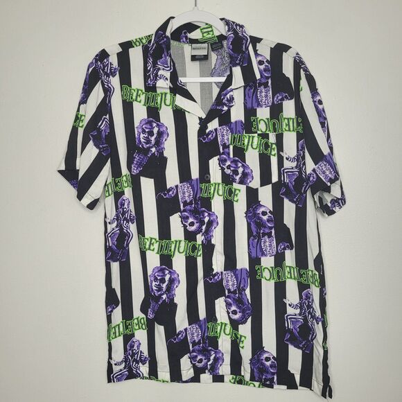 Beetlejuice striped all over print horror button front short sleeve party shirt - Picture 1 of 6
